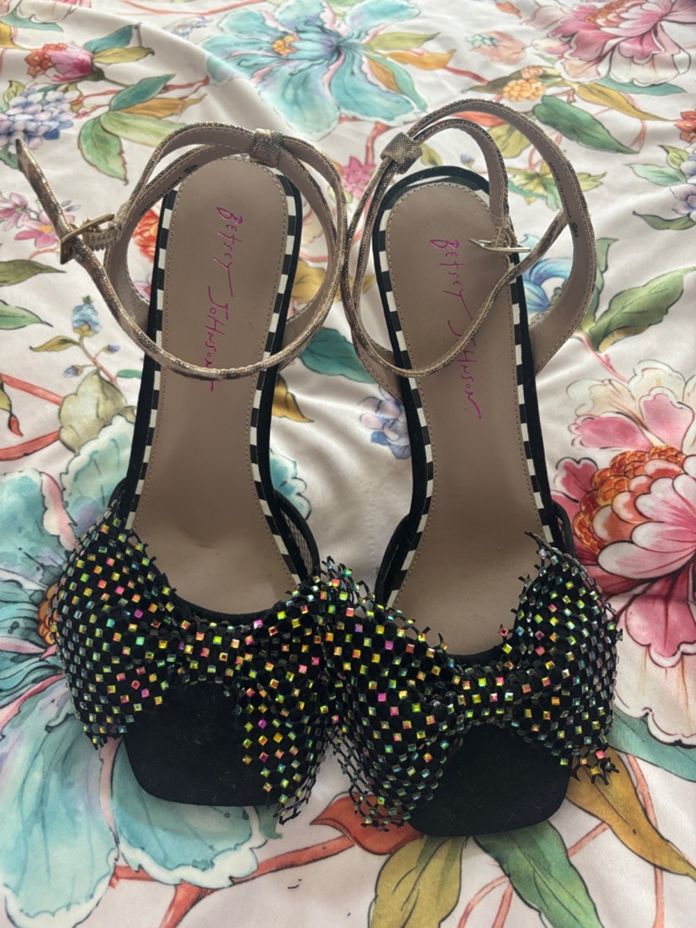 Betsey Johnson Black Heels with Iridescent Crystal Bow and Gold Ankle Straps